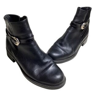 Brighton Black Leather Ankle Boots, Silver Brighton Buckle, Side Zip, Size 8.5